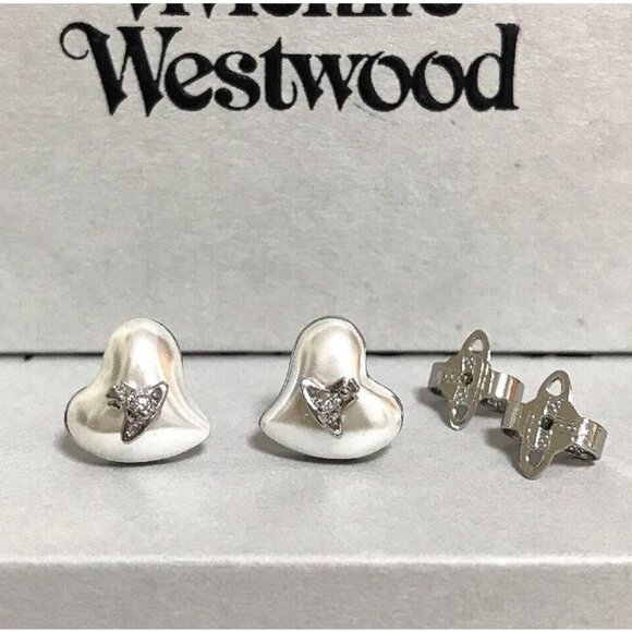 Vivienne Westwood Heart Pearl Earrings Orb Silver Jewelry with drawstring - Picture 1 of 16